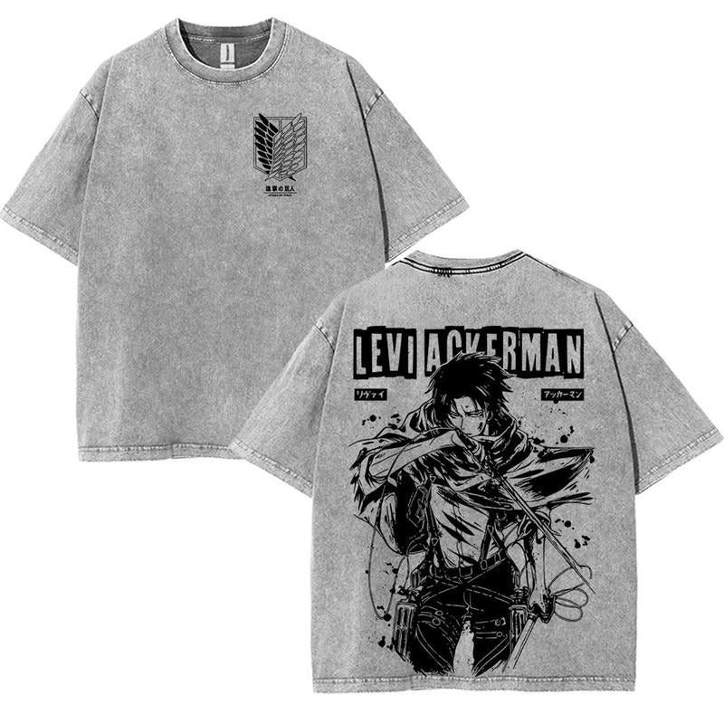 Attack On Titan Levi Ackerman Strongest Solider Captain AOT Anime Manga Game Double Printed Vintage Washed Tee Unisex...