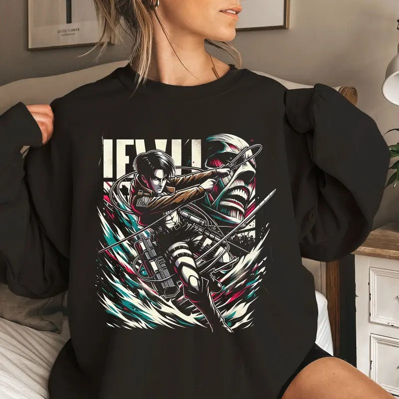 Attack On Titan Levi Tshirt Crewneck Hoodie Comfort Cotton Sweatshirt | HypeCrazeTee.com