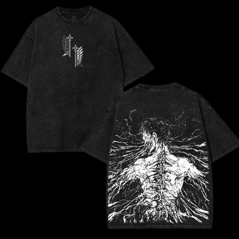 Attack On Titan Titan Eren Yeager Double Printed Vintage Washed Tee Unisex 100% Sustainable US Cotton Graphic T-Shirt...