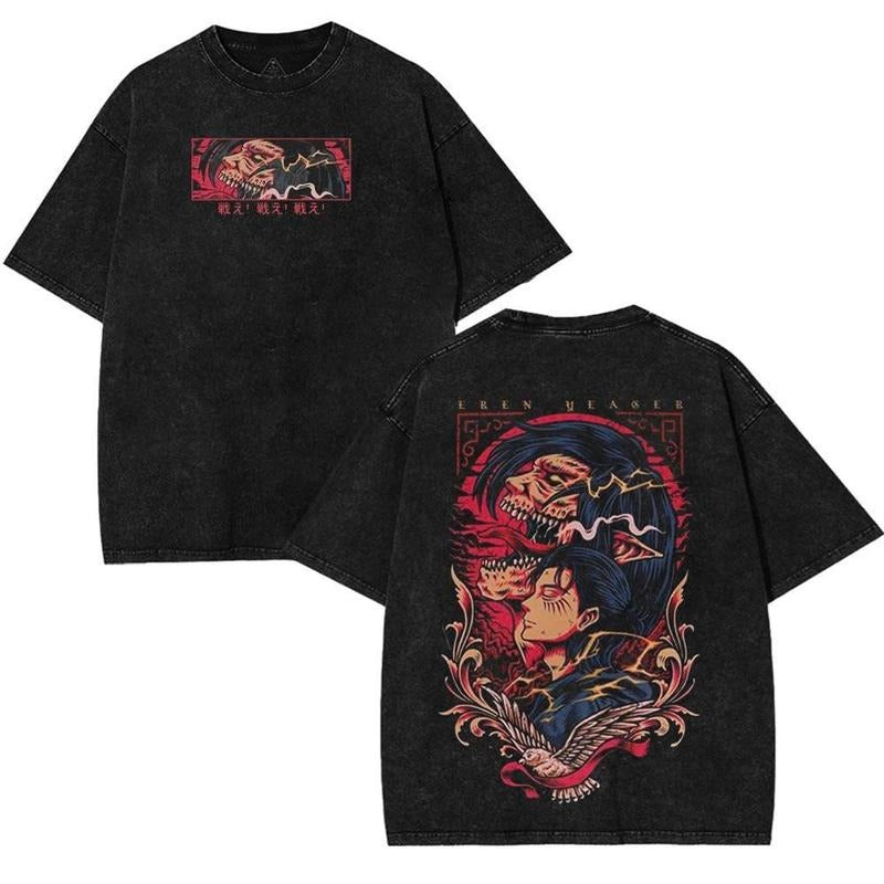 Attack On Titan, Eren Yeager Levi Red Double Sided Anime Manga T-Shirt, Unisex Mens Acid Print Classic Fit T-Shirt Cotton...
