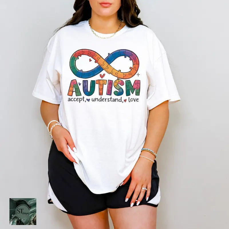 Autism Accept Understand Love Infinity White 100% Ring spun Cotton T-Shirt Unisex Fit Hoodie, Sweatshirt | HypeCrazeTee.com