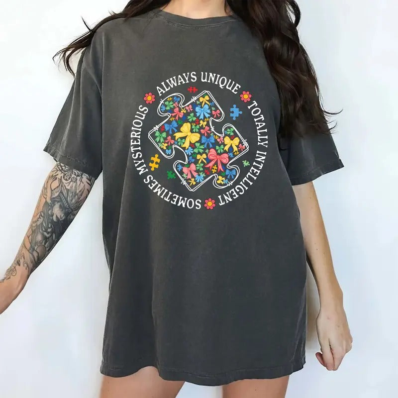 Autism Awareness Comfort Colors Shirt Coquette Bow Neurodiversity Always Unique Intelligent Mysterious Shirt Inspirational T-Shirts, Hoodie, Sweatshirt