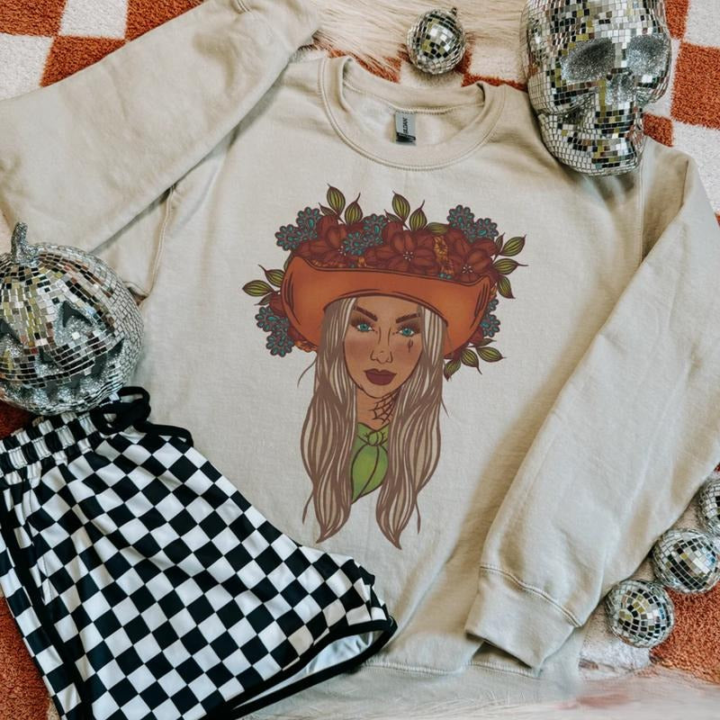 Autumn Cowgirl Graphic Sweatshirt, Crewneck Sweatshirt cowgirl outfits clothes, western clothing, western outfit women...
