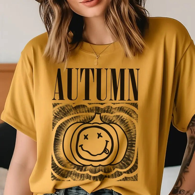 Autumn Tee Smiley Autumn Tshirt Smiley Pumpkin Autumn T-Shirt Pumpkin Autumn Top Womens Casual Fall Tee Smiley Pumpkin...