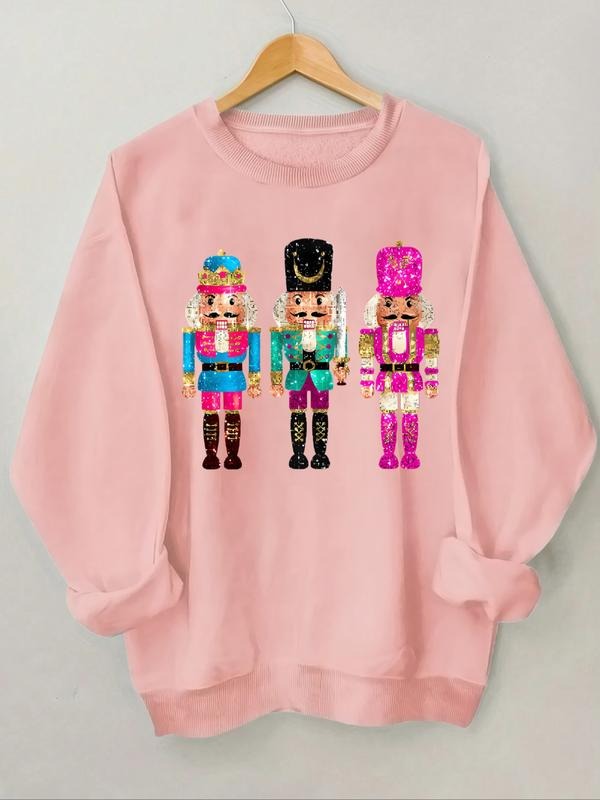 Autumn Winter Fashion Round Neck Christmas Theme Sequins Nutcracker Soldier Fun Sweatshirt, Casual Style, Moderate Fabric...