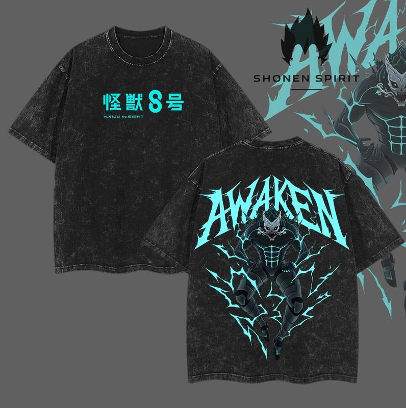 "Awaken" Kaiju No. 8 Anime Double Printed Vintage Washed Tee Unisex Oversize Anime Manga Washed Lightweight Cotton...