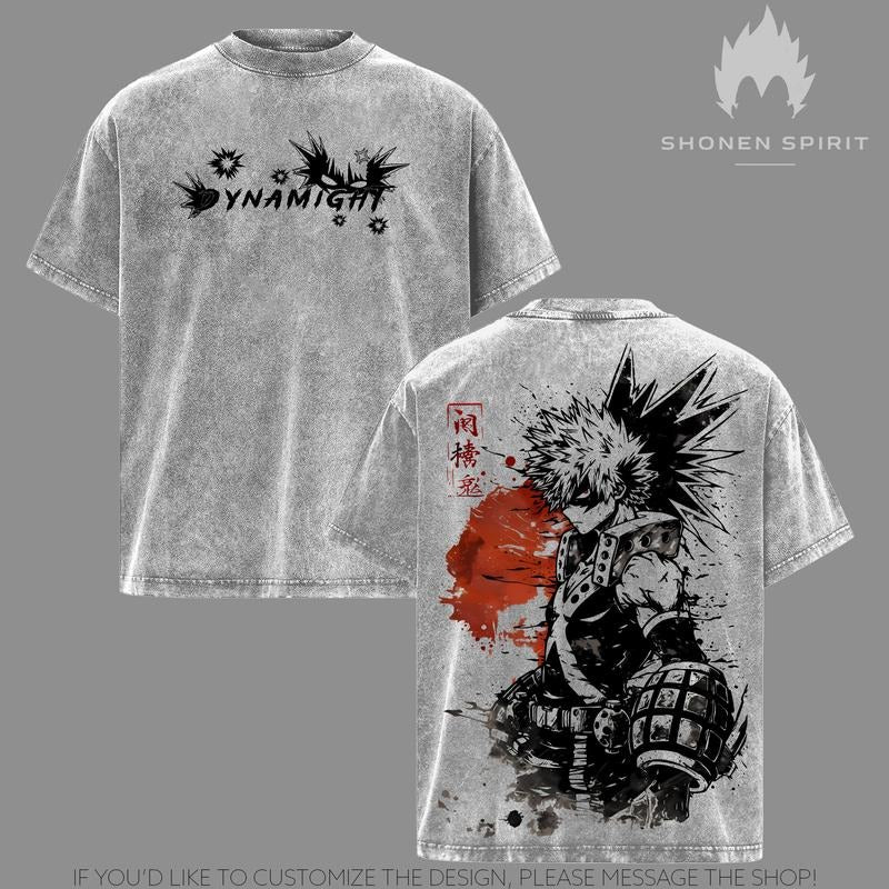 Bakugo My Hero Academia Washed T-Shirt, Double Sided Vintage Anime Tee, Oversized Streetwear Graphic Shirt for MHA Fans...