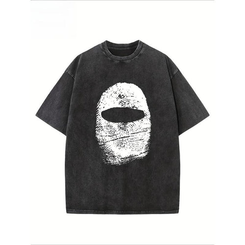 "Balaclava Fingerprint" Creative Pattern Printing Heavy 230g Pure Cotton Oversized Drop Shoulder T-shirt Washed T-shirt...