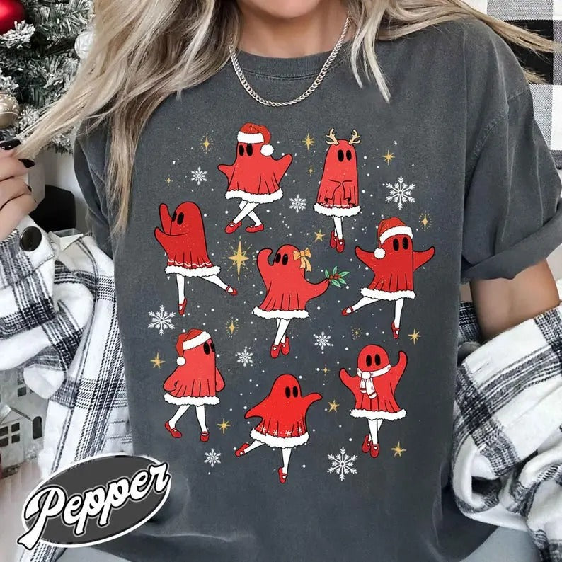 Ballet Ghost T-Shirt,Ballet Christmas Tshirt,Christmas Shirt for Dancer,Dance Teacher Christmas Shirt, Cute Christmas...