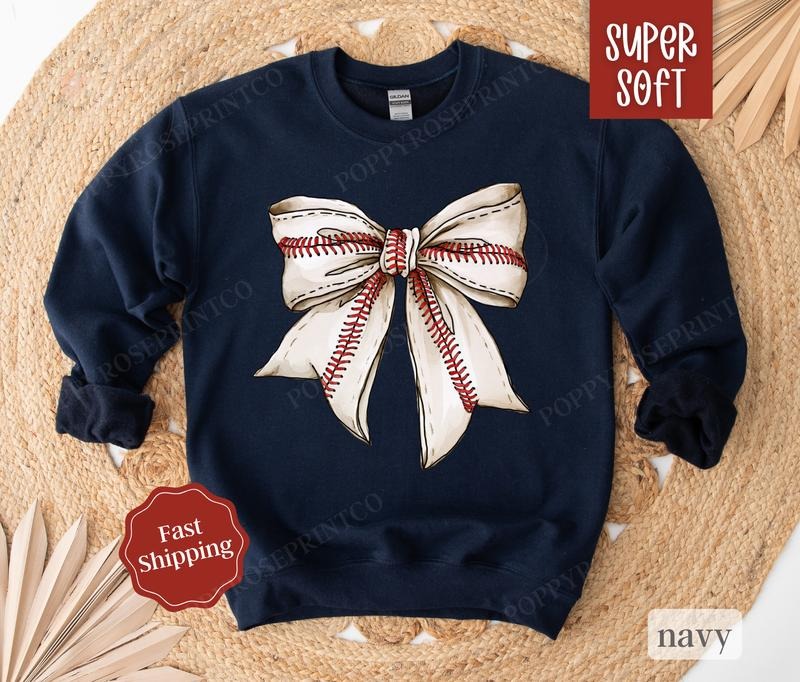Baseball Bow Sweatshirt, Game Day Baseball Crewneck, Womens Sweatshirt, Fall Sweater T-Shirts, Hoodie | HypeCrazeTee.com