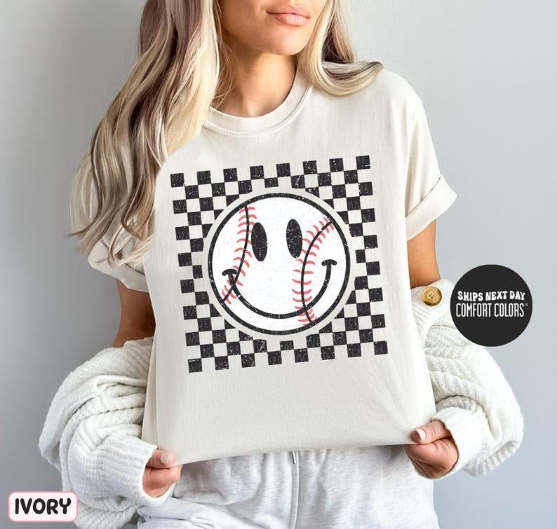 Baseball Comfort Colors Shirt Happy Face Checkered Shirt Retro Baseball Game Day Shirt Baseball Mom Shirt T-Shirts, Hoodie, Sweatshirt