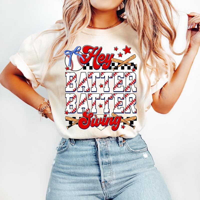Baseball Hey Batter Batter Swing T-Shirt, Game Day T-Shirt, Baseball Bow T-Shirt, Coquette Baseball Mama Shirt, Baseball...