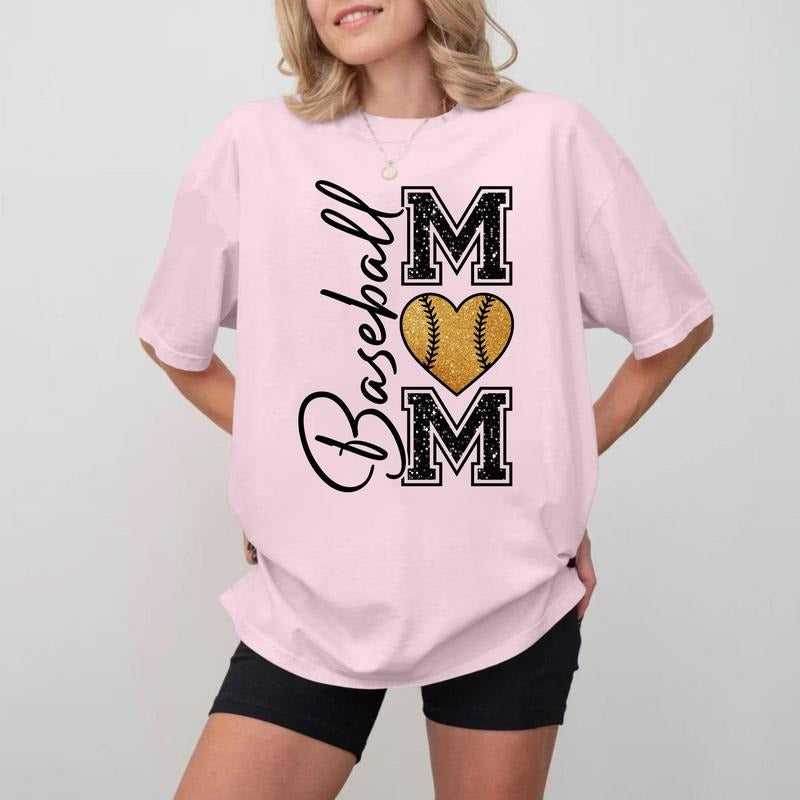 Baseball MOM Heart Print Crewneck, Soft Cotton Shirt Made in USA Hoodie, Sweatshirt | HypeCrazeTee.com