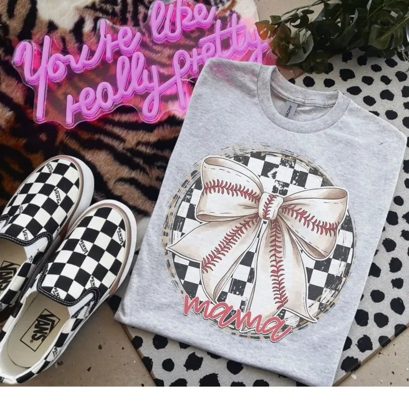 Baseball Mama Bow Checkered Bleached Shirt Gildan T-Shirts, Hoodie, Sweatshirt