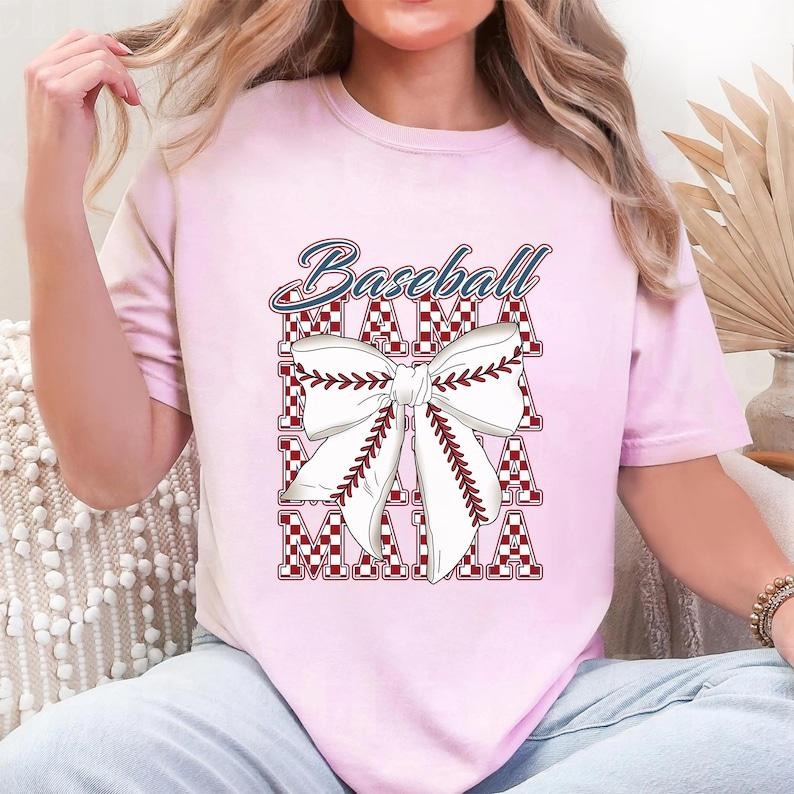 Baseball Mama Red Checked TShirt, Baseball Coquette Bow Shirt, Baseball Game Day, etro Checkered Mama Shirt, Retro...