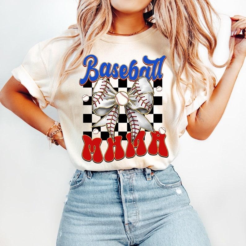 Baseball Mama, Game Day Baseball, Retro Bow, Checkered Baseball T-shirt Hoodie, Sweatshirt | HypeCrazeTee.com