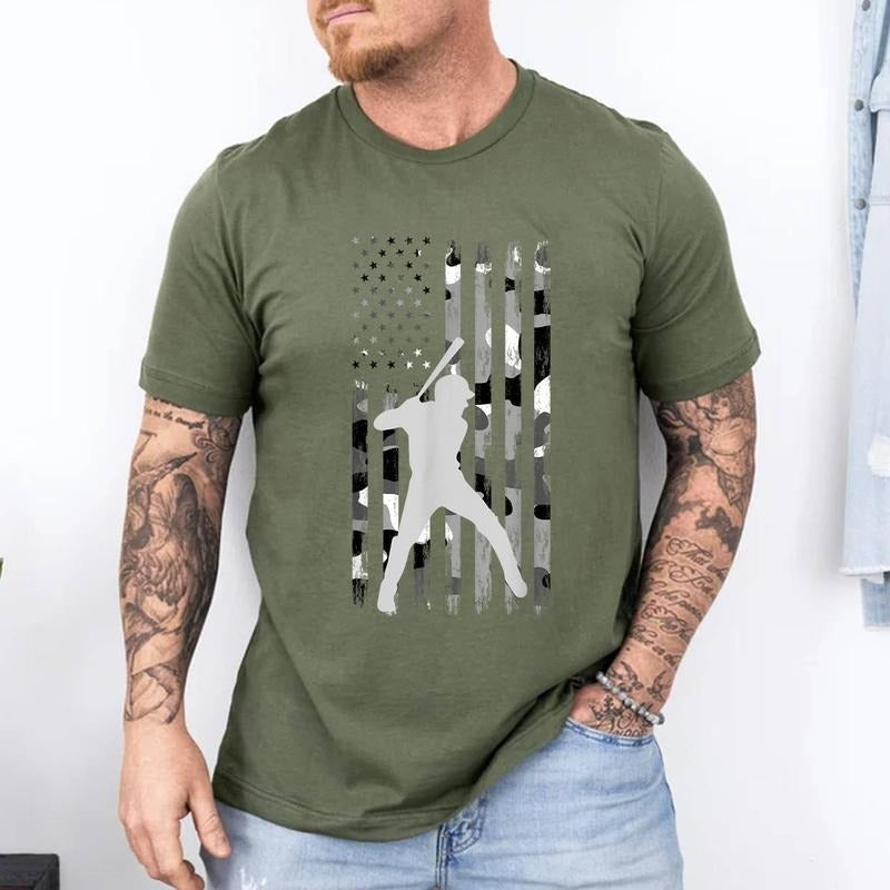 Baseball Player American Flag USA Camo Patriotic Graphic T-Shirt | 100% Cotton Tee, Top Menswear Hoodie, Sweatshirt