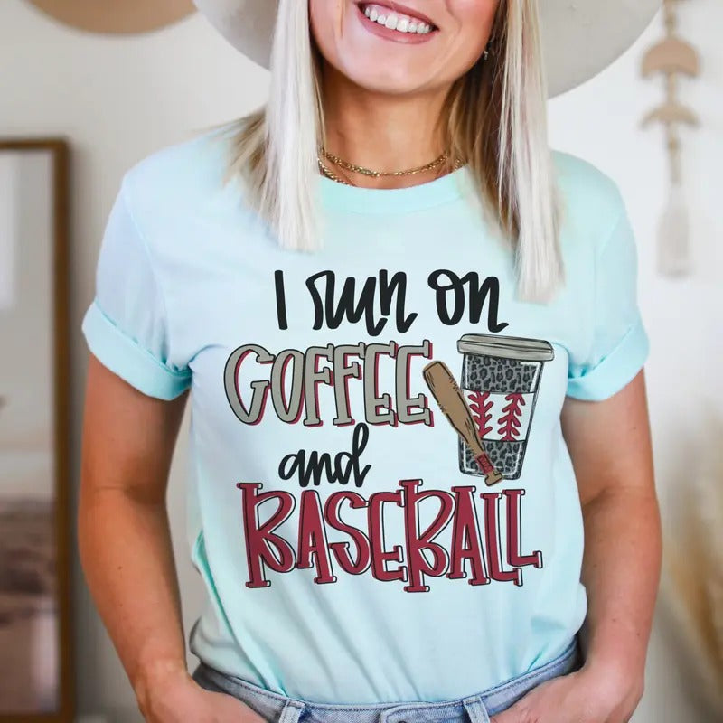 Baseball Tshirt I Run on Coffee and Baseball Tshirt Coffee Tee Baseball and Coffee Tshirt Mom Baseball T-Shirt Coffee Mom...