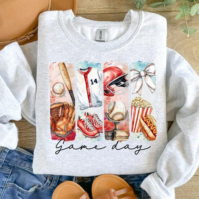 Baseball Unisex Classic T-Shirt, Game Day Baseball Coquette Sweatshirt, Baseball Bow Mama Sweatshirt, Brushstroke...