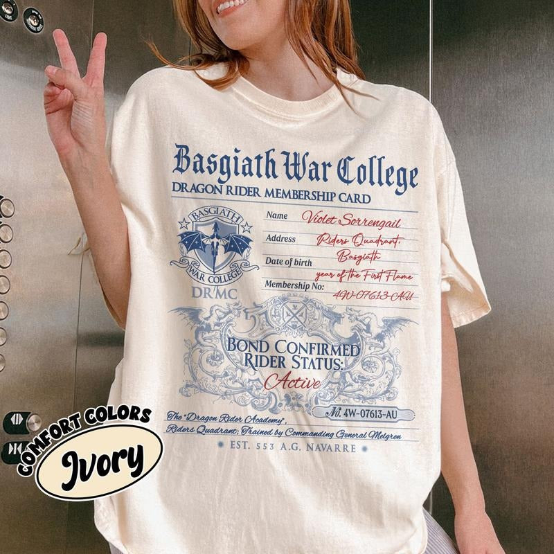 Basgiath War College Comfort Colors TShirt, Dragon Rider Membership Card Tee, Fourth Wing Series Bookish Merch, Gift For...