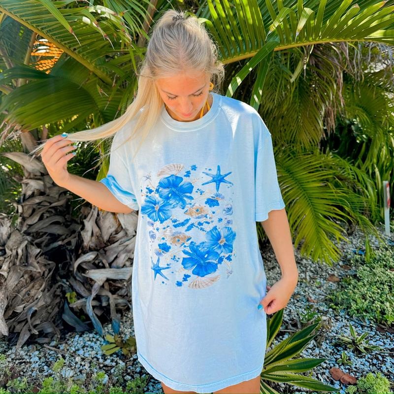 Beach Shell Floral Shirt Comfort Cotton Womenswear Fabric Top Underwear T-Shirts, Hoodie, Sweatshirt