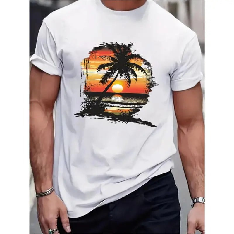 Beach Sunset Palm printed crew neck men's T-shirt, casual short-sleeved top, summer daily wear men's clothing Made in USA...