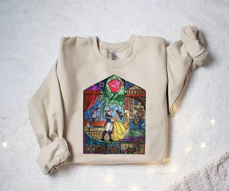 Beauty & The Beast Stained Glass Rose Graphic Retro Shirt, Belle Beast Tee, Vacation Holiday Gift, Family trip Shirt...