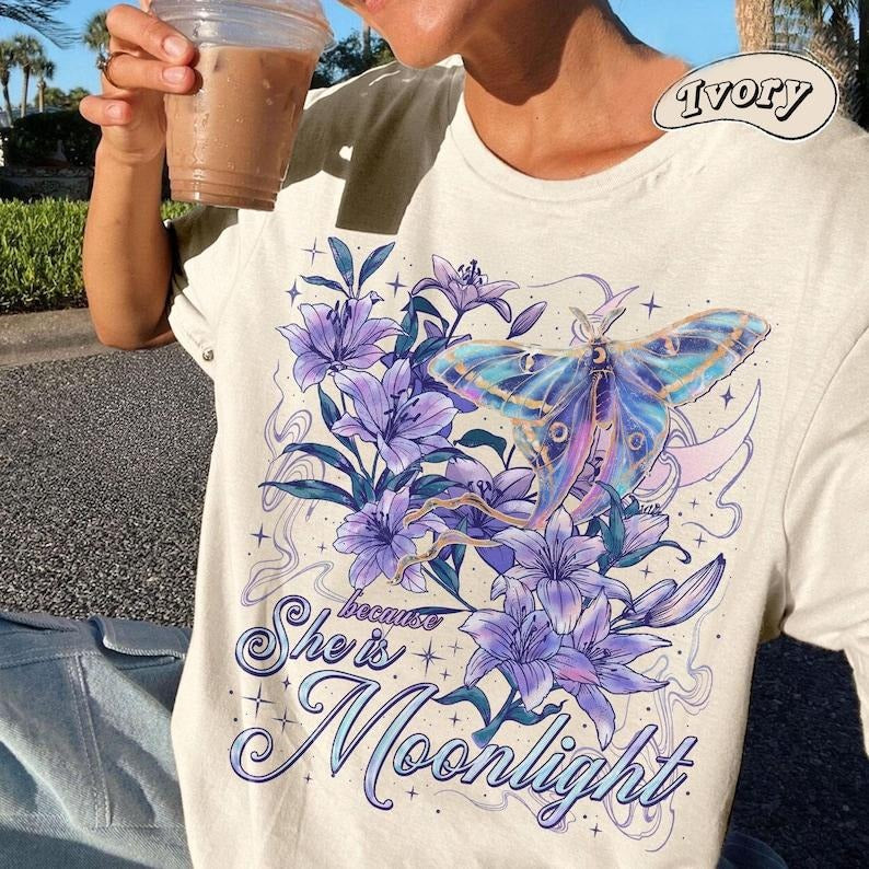 Because She Is Moonlight  T-Shirt, Quicksilver Callie Hart Shirt, Gifts For Romantasy Book, Kingfisher Fan Apparel...