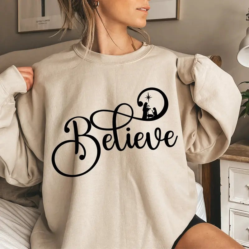 Believe Christmas Shirt, Christian Christmas Sweatshirt, Religious Xmas Gift Cotton Crewneck Hoodie | HypeCrazeTee.com