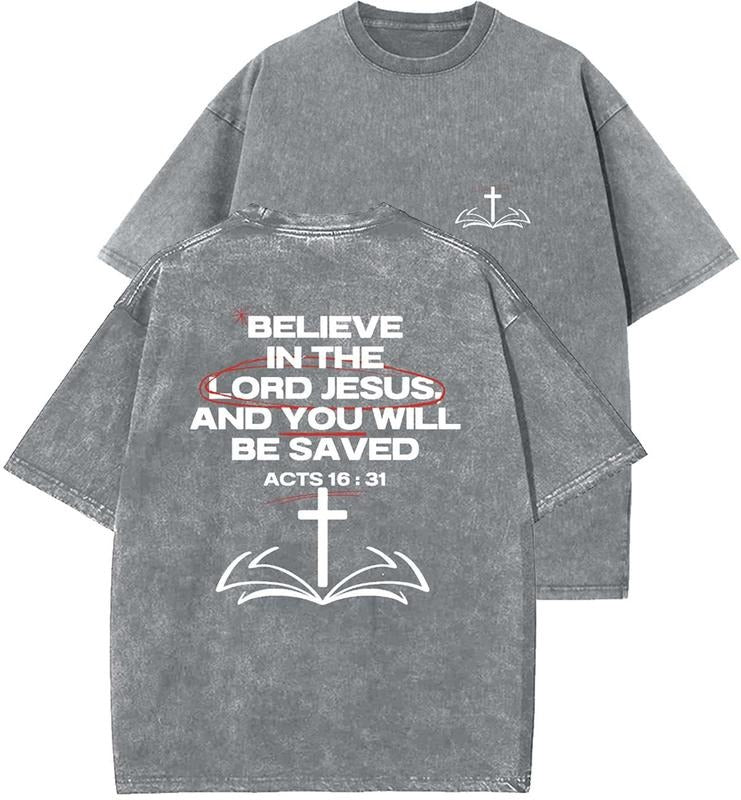 Believe In The Lord Jesus Unisex Washed T-Shirt, Christian Tshirts, Vintage 90s Graphic Tee, Gift Top Womenswear Cotton...