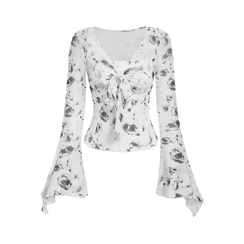 Bell Long Sleeve Floral Print Mesh Tie Front Lettuce Trim Tee Shirt Top Hoodie, Sweatshirt | HypeCrazeTee.com