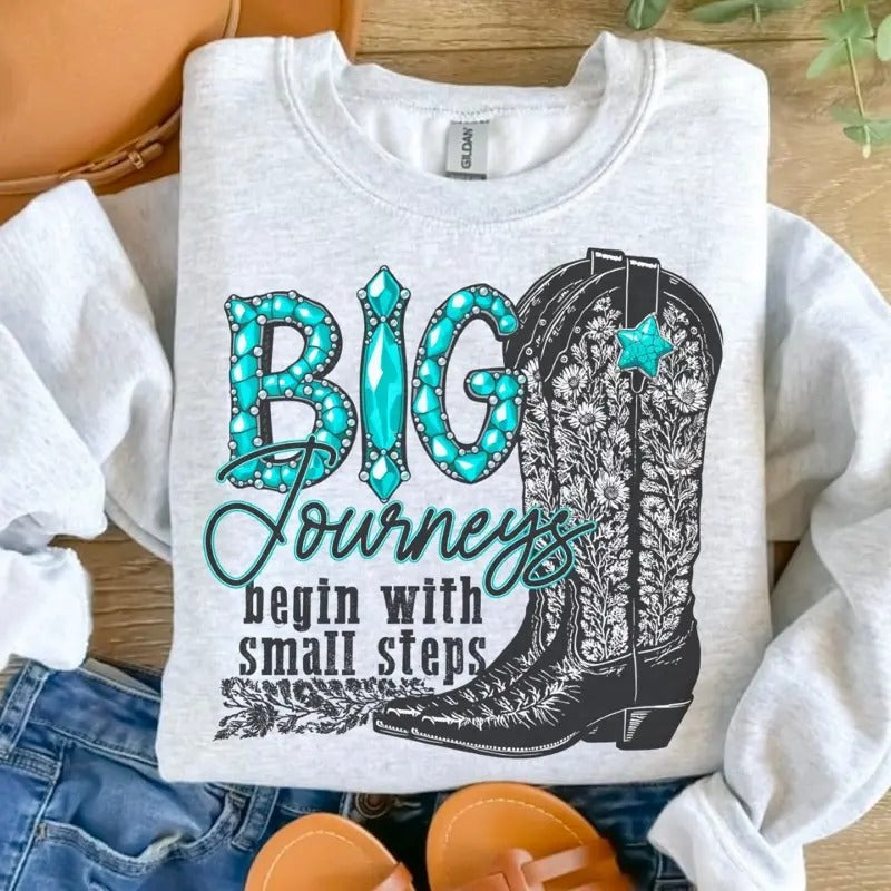 Big Journey Being Small Steps Ash Grey Sublimation Western T-Shirts, Hoodie, Sweatshirt