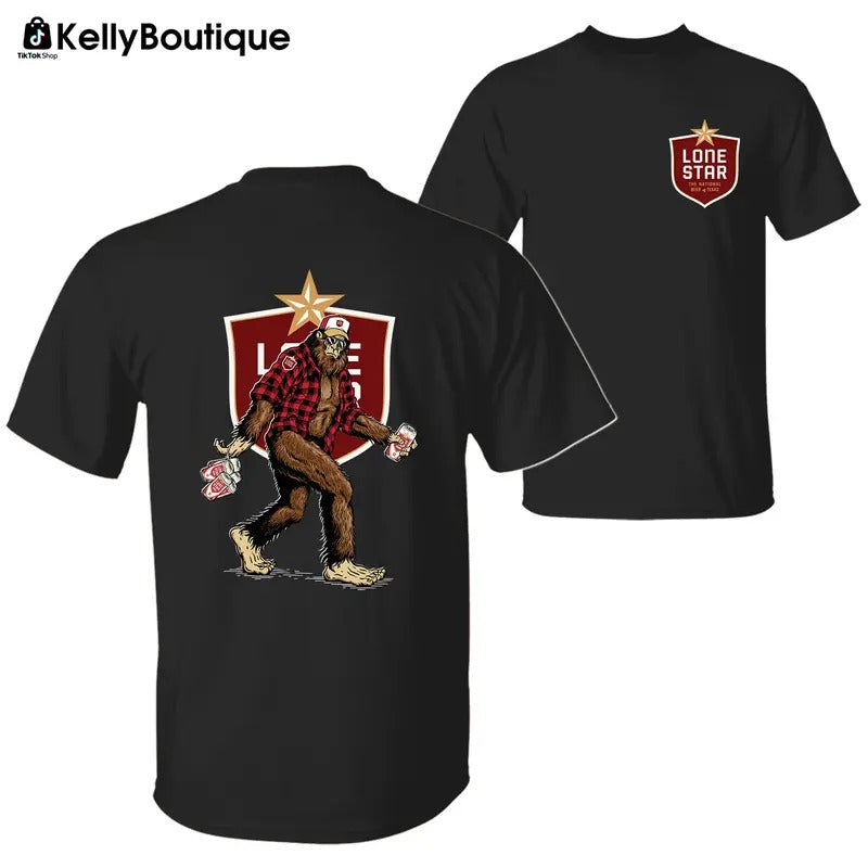 Bigfoot Lone Star Beer T-Shirt, Sasquatch Holding Lone Star Beer Cans 2 Sided Graphic Printed Unisex Classic Comfort...