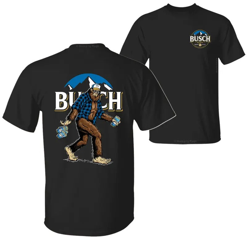 Bigfoot Regular Bush Beer T-Shirt, Sasquatch Holding Regular Bush Beer Cans 2 Sided Graphic Printed Unisex Classic...