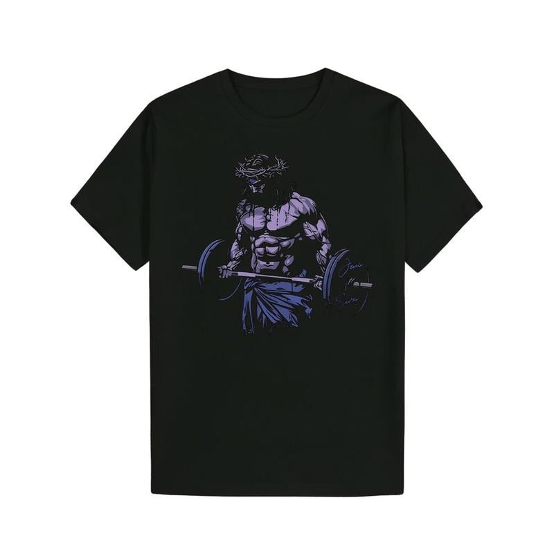 Black Bodybuilder Jesus Christ Weightlifting Art Print Men's Summer Casual Graphic T-Shirt For Gym And Everyday Wear...