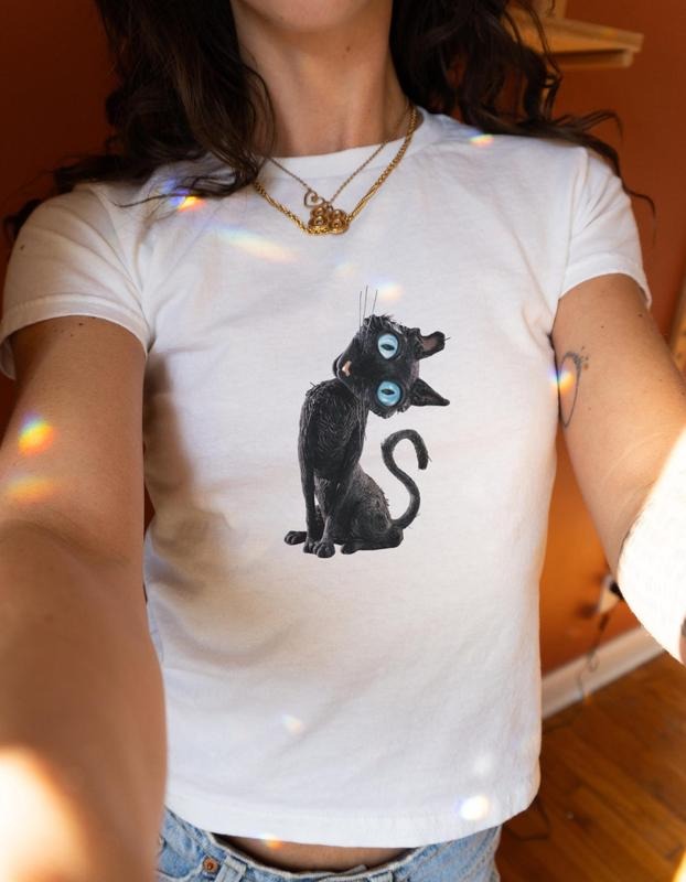 Black Cat Baby Tee, Y2K Womens Fitted Tshirts, Coraline Tshirt, Retro Shirt, Vintage Movie Tops, Cute Film Tshirt, Gift...