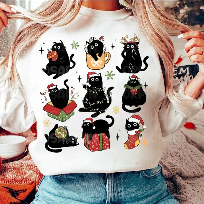 Black Cat Christmas Sweatshirt, Christmas Shirt, Cute Christmas Cat Sweatshirt, Cat Lover Hoodie | HypeCrazeTee.com