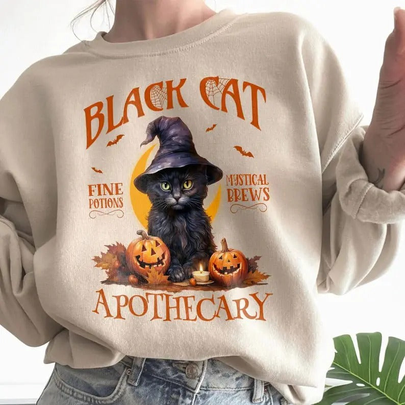 Black Cat Salem Apothecary Sweatshirt, Halloween Sweatshirt, Halloween Black Cat Sweatshirt, Retro Halloween Cat Shirt,...
