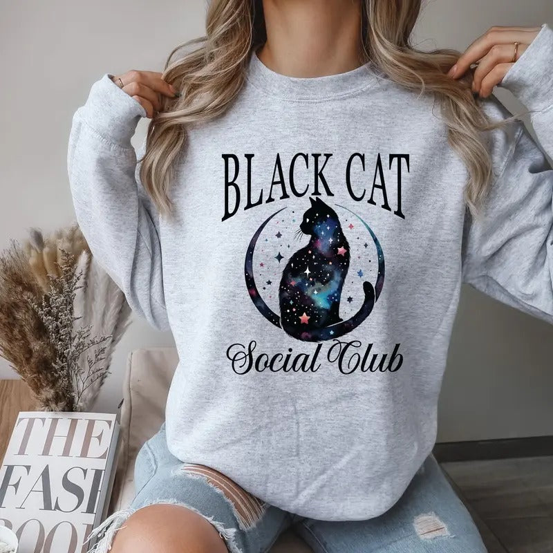 Black Cat Social Club Halloween Crewneck Sweatshirt T-Shirts, Hoodie | HypeCrazeTee.com