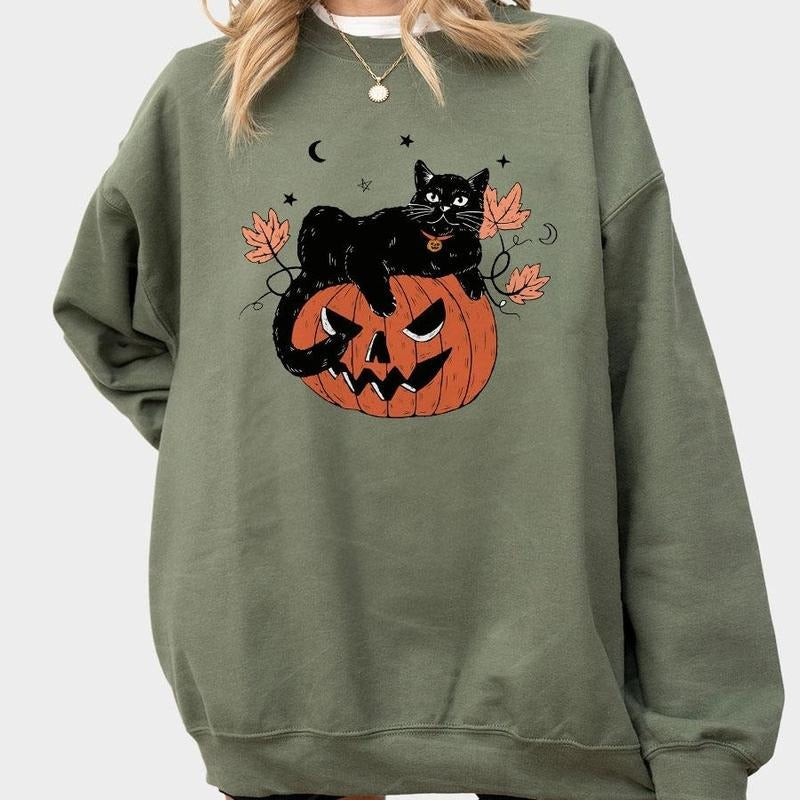 Black Cat on Pumpkin Shirt, Black Cat Comfort Tee, Halloween Black Cat Design, Halloween Gifts for Cat Owner, Black Cat...