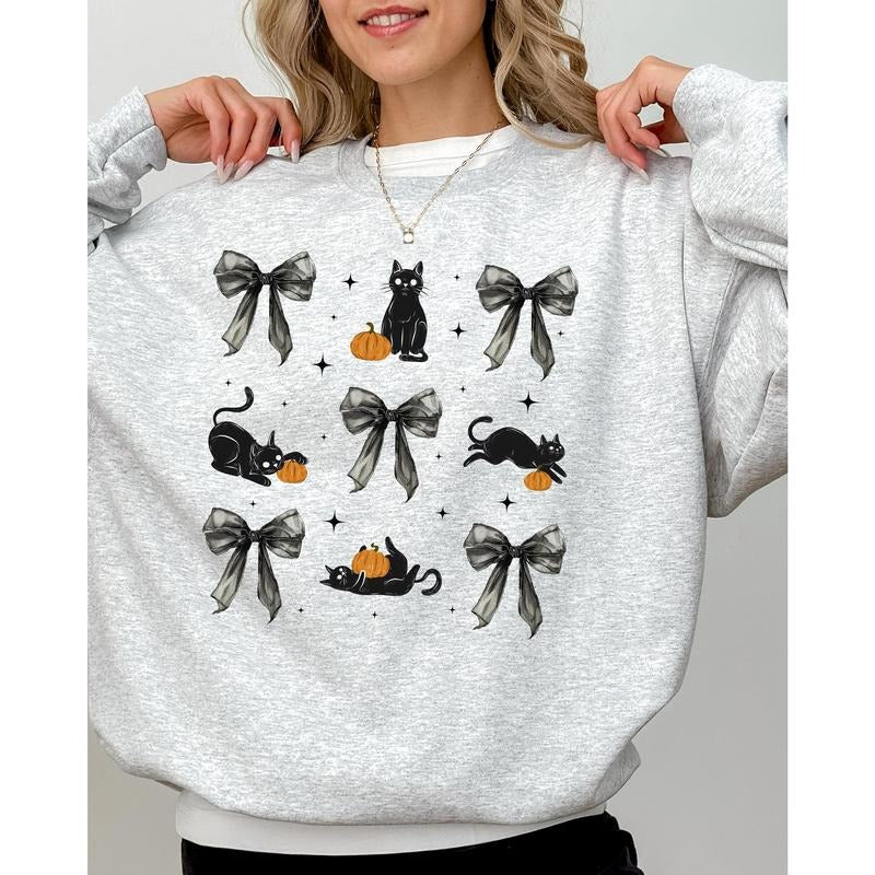 Black Cat, Coquette Ribbons and Bows, Halloween, Cute, Girly, Autumn, Fall Sweatshirt T-Shirts, Hoodie | HypeCrazeTee.com