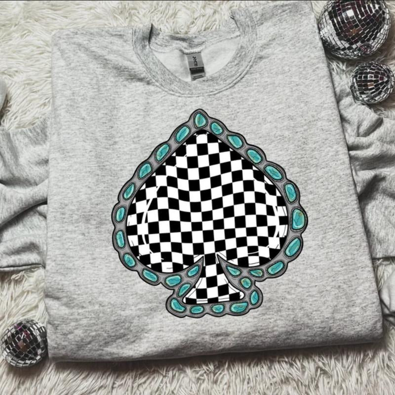 Black Checkered Spade Shirt, vintage crewneck sweatshirts, western outfit women, cowgirl outfits, western clothing stuff...