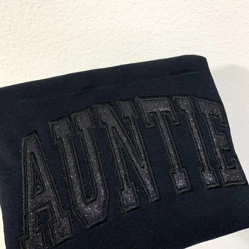 Black Embroidered Auntie Sweatshirt with Glitter Vinyl | Aunt Gift | Personalized Auntie Jumper | Auntie Apparel...