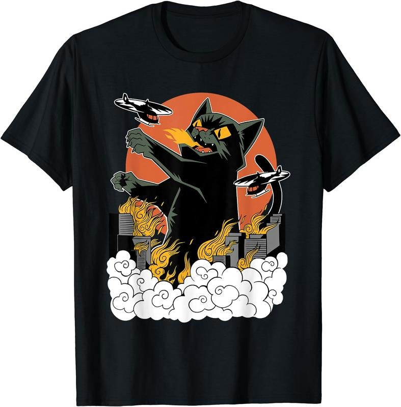 Black Japanese Catzilla Sunset T-Shirt | Tee for Men & Women | Cotton Hoodie, Sweatshirt | HypeCrazeTee.com