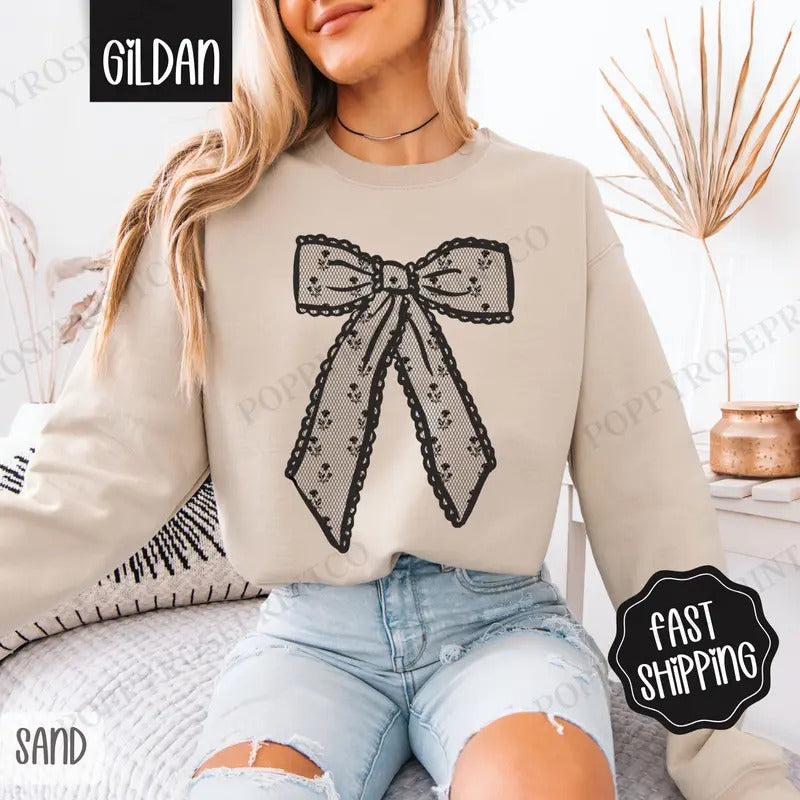 Black Lace Bow Sweatshirt, Women's Crewneck, Cute Black Bow Women's Sweater T-Shirts, Hoodie | HypeCrazeTee.com