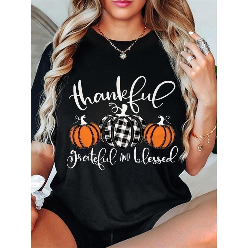 Black Short Sleeve T-Shirt with "Thankful Grateful Blessed" Print & Pumpkin Design