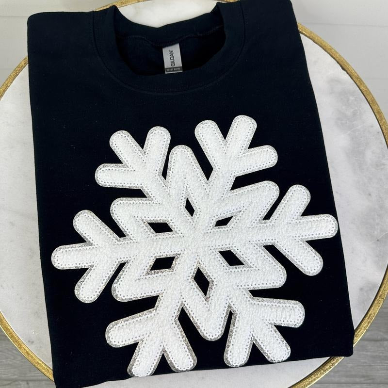 Black Snowflake Sequin Patch Gildan Sweatshirt T-Shirts, Hoodie | HypeCrazeTee.com
