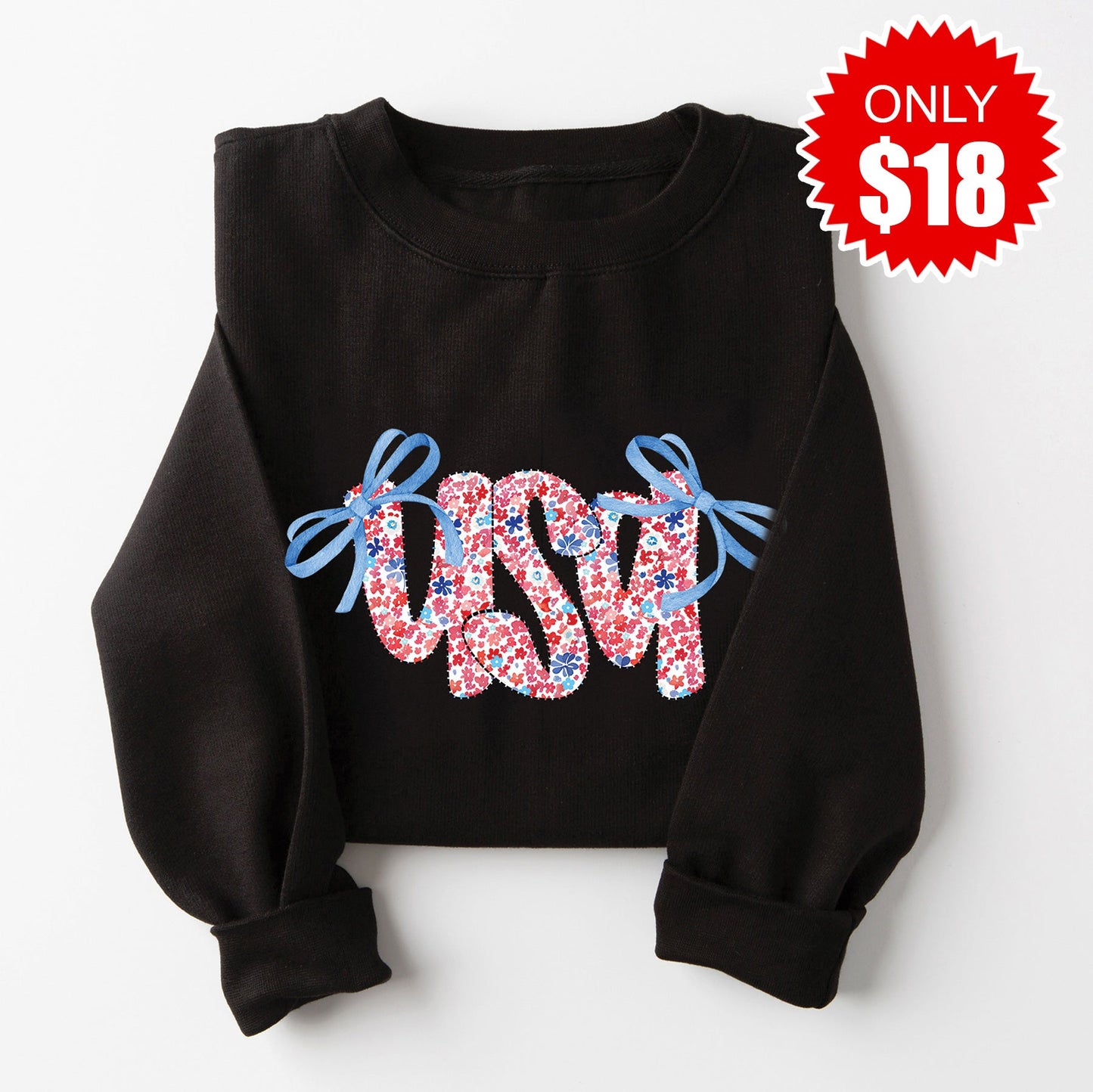 Ribbon Floral USA Sweatshirt - Black - 18