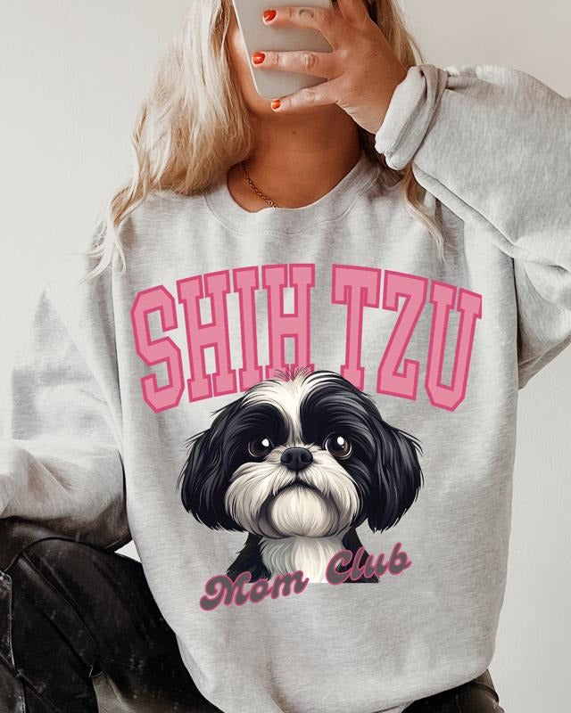Black and White Shih Tzu Dog Mom Club Sweatshirt, Trendy Dog Mom Gift Crewneck T-Shirts, Hoodie | HypeCrazeTee.com