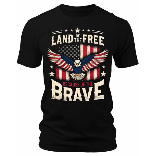 Men's Land Of The Free Because Of The Brave Eagle USA Flag T-Shirts Patriotic Short Sleeve Crewneck Graphic Tees